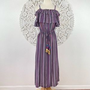 {Figue} Maya Silk Striped Cold/Off Shoulder Midi Dress, Size XS